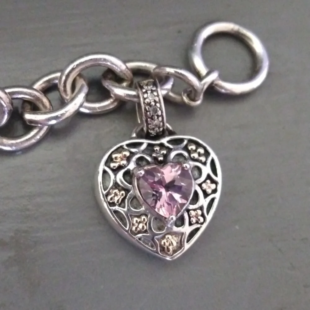 Sadye L Vassir 14 k & Sterling Designer  Diamond & Pink Sapphire Heart Bracelet - Picture 3 of 5
